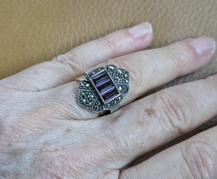 Vintage Art Deco Style Ring in Sterling Silver with Marcasite and Amethyst, Size 6.75