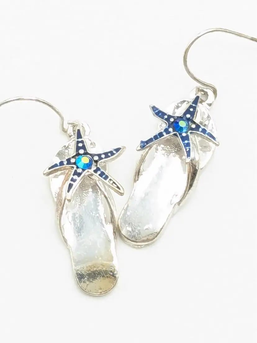Silver Tone Flip Flops Blue Crystal Starfish Pierced Earrings