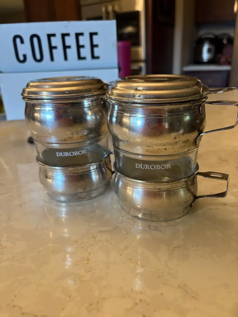 A Pair Of Vintage 1940s Durobor Silver-Plated Glass Coffee Maker with Cup