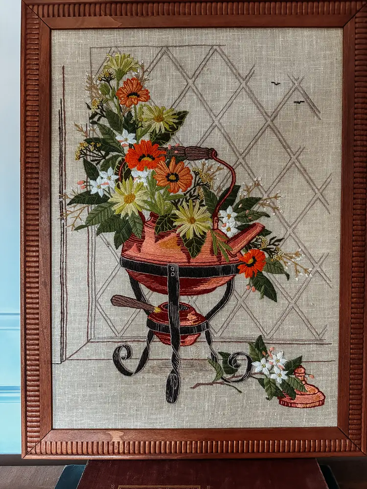 Vintage 70s Embroidery Crewel Finished mounted 18 x 24 Daisy Flowers in tea pot