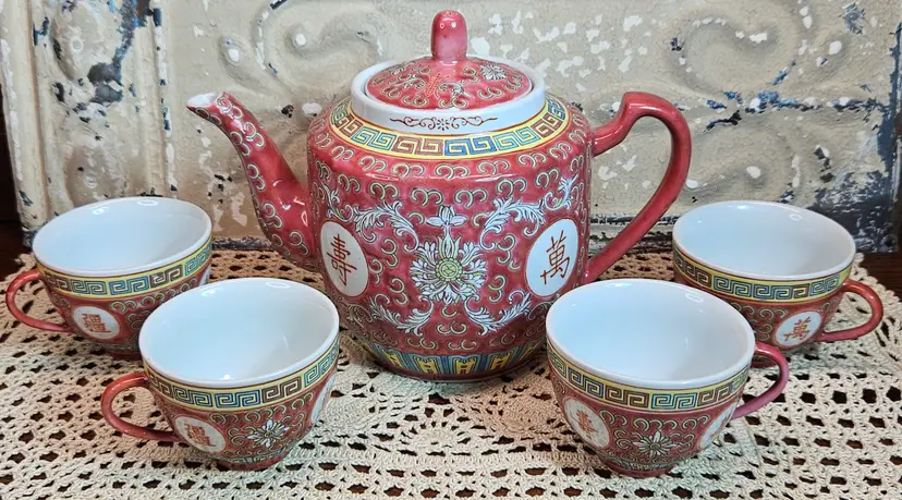 Vintage 6 Piece Chinese Mun Shou Longevity Famille Rose Porcelain Tea Set China
