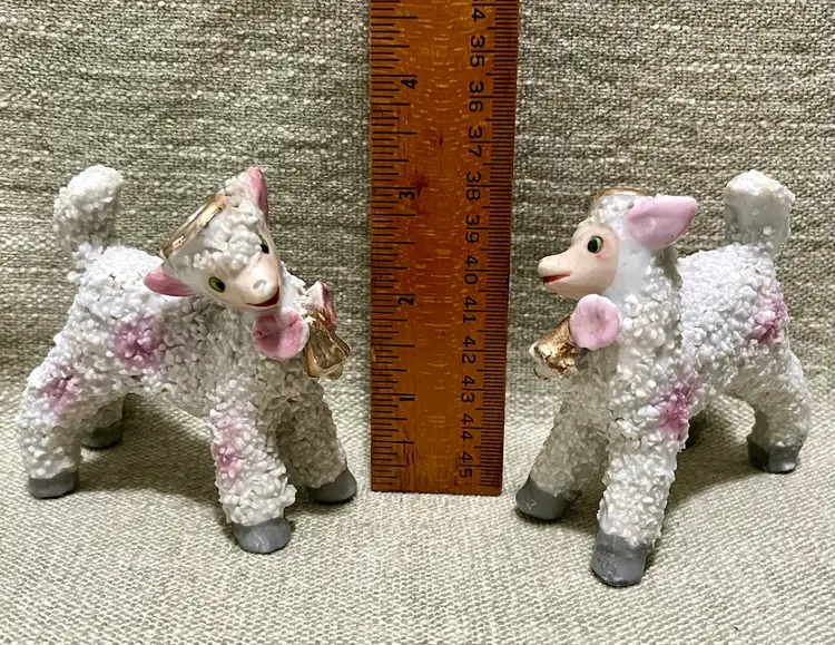 Vtg Sugar Textured Gray W/ Pink Lamb Figurines Gold Halo Bell Baby Cake Topper