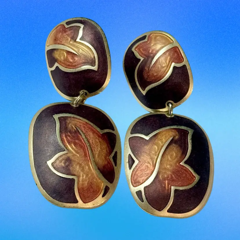 Vintage Signed Berebi Enamel Fall Vibe Orange Leaf Brown Post-back Dangle Drop Goldtone Earrings **UV Glow** (KK)