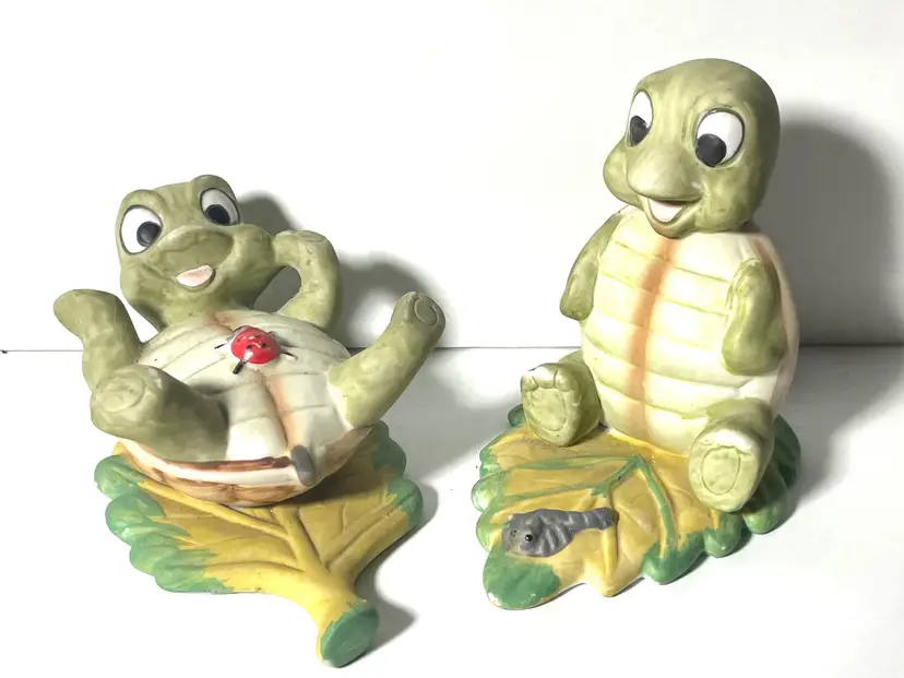 Pair Of Playful Homco Green Turtles. Sweet Pair