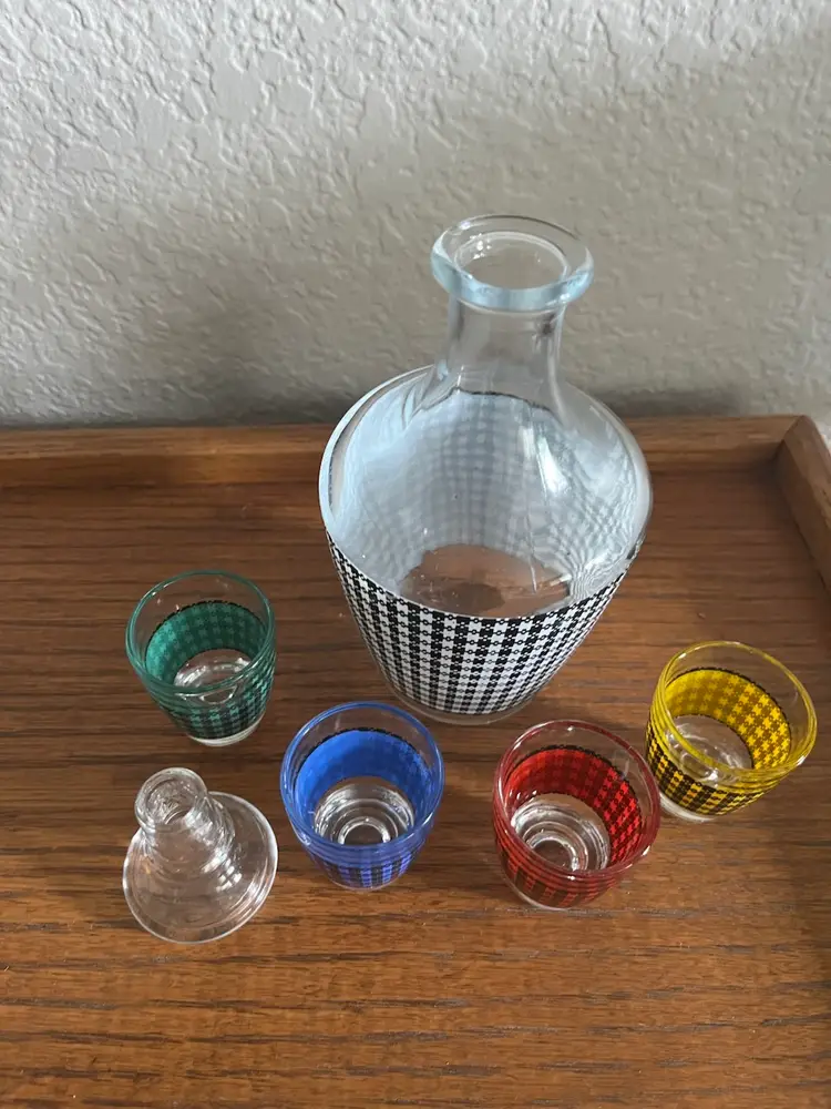 Barware Vintage Midcentury France Glass Decanter with 4 Shot Glasses MCM