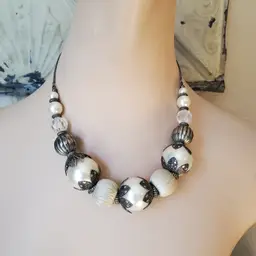 Funky Chunky Beaded Necklace with Faux Pearl and Silver Tone
