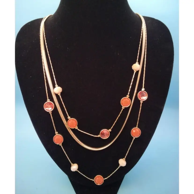 Vintage Gold Tone Three Strand Three Styles Of Chain Necklace, With Orange Double Faceted Framed Beads, By NY