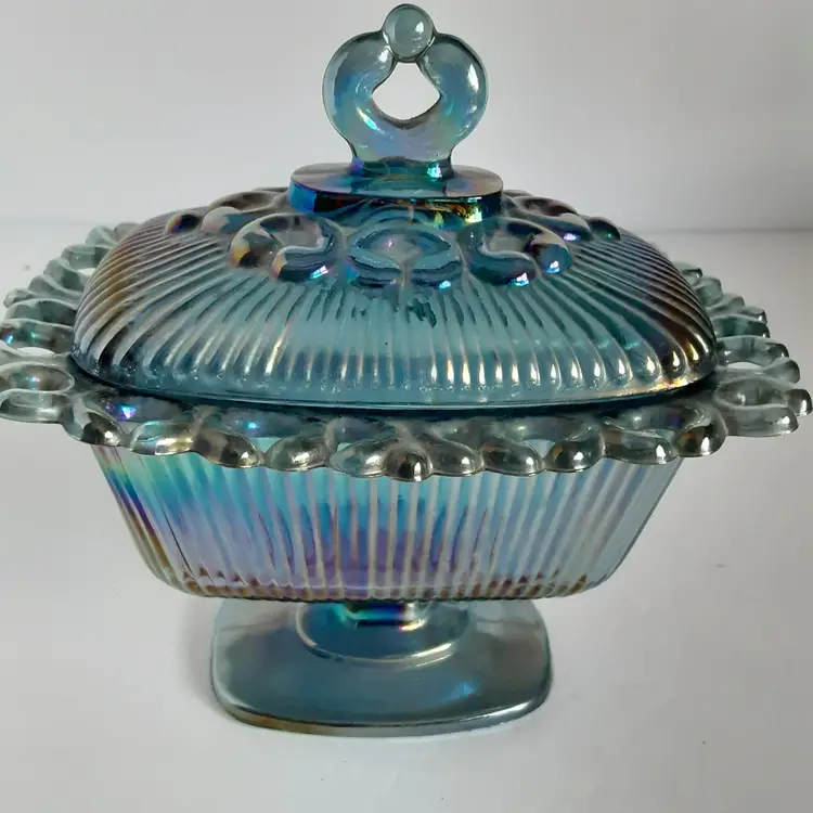 Indiana Glass Blue Carnival Glass Rectangular Candy Dish with Lid