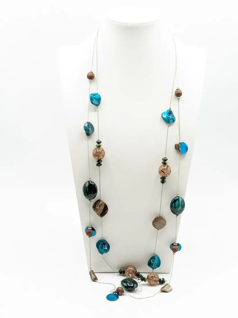 Silver Tone Glass Beads Stone Double Strand Necklace Brown and Turquoise Colors