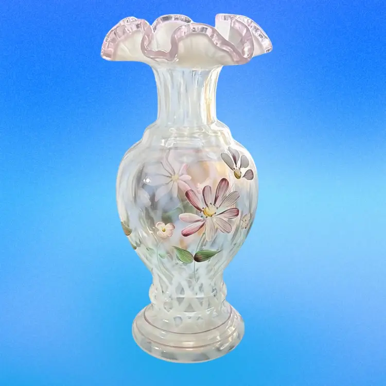 Fenton Pink Crest French Opalescent Trellis Optic Daisy Lane Hand Painted 9” Vase