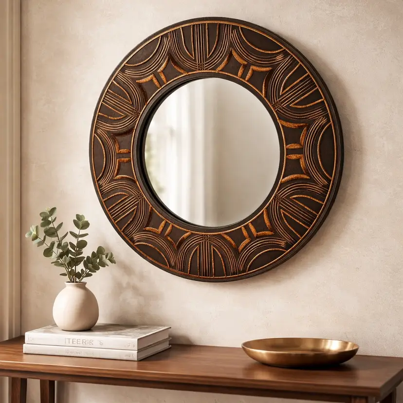 1982 Vintage Mirror with Intricate Stoneware Circular Frame, Artist Signed by Krause, 8.75"