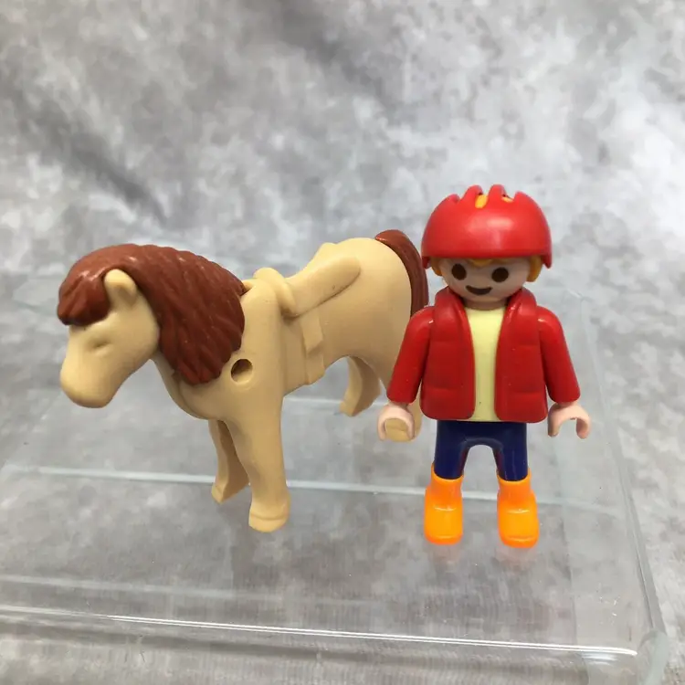 Playmobil Child Figure w/ Pony- Red Jacket & Helmet