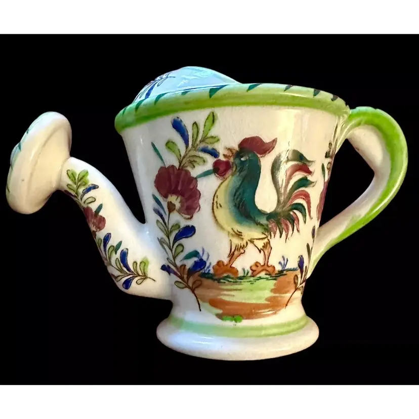 Vintage Hakusan Porcelain Watering Can Planter With Rooster & Roses Vibrant EUC Japan