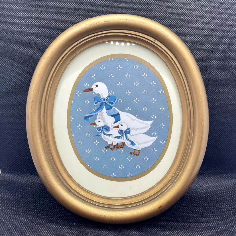 Vintage 1986 Homco Home Interiors framed print white goose family blue bows