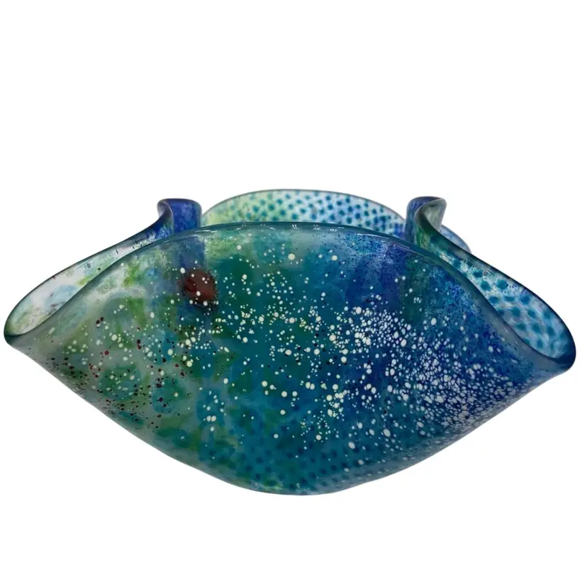Hand Blown Art Glass Bowl/Candle Holder, Dotted Blue & Green, Ruffled Rim