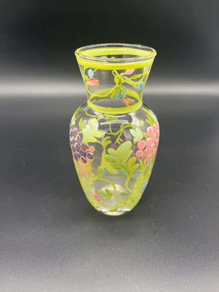Tracy Porter Hand-Painted Glass Vase - Grapes & Leaves Motif - 6" Tall, Fluted Rim