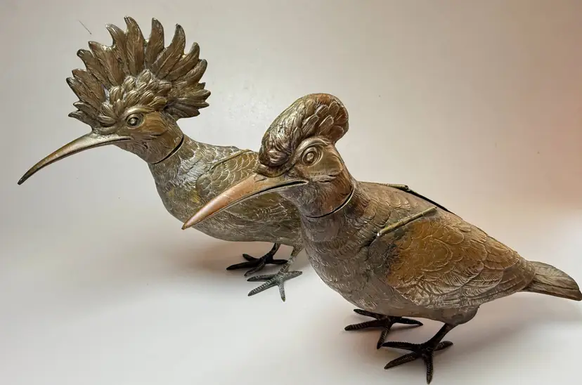 Antique 19th Century German Hoopoe Bird Figural Brass Decanters Articulated Wing