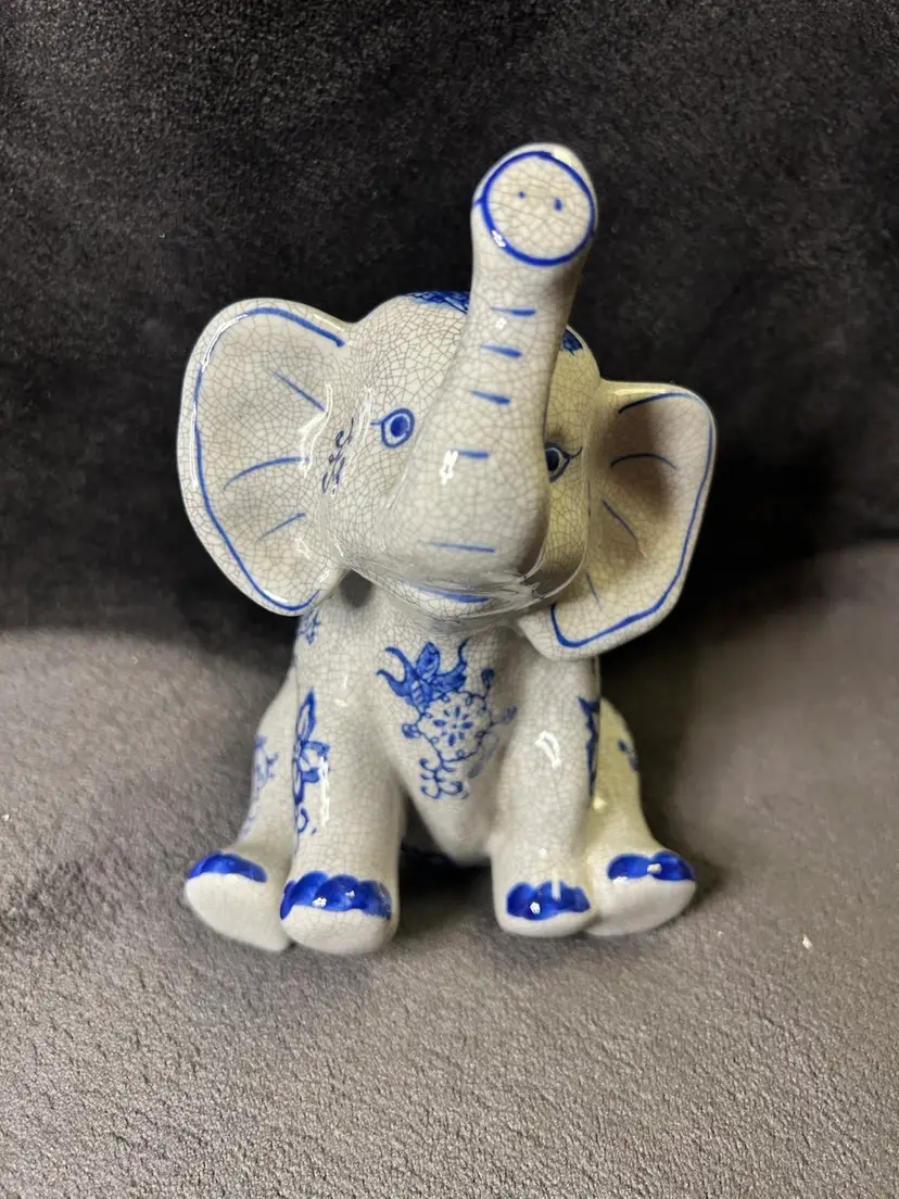 Baum Bros Adorable ElephantBlue Flowers Figurine 7" Tall Formalities Porcelain