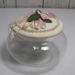 Vintage Clear Glass Round Vanity Trinket Box White Lid Pink Bows Pearls 4 in