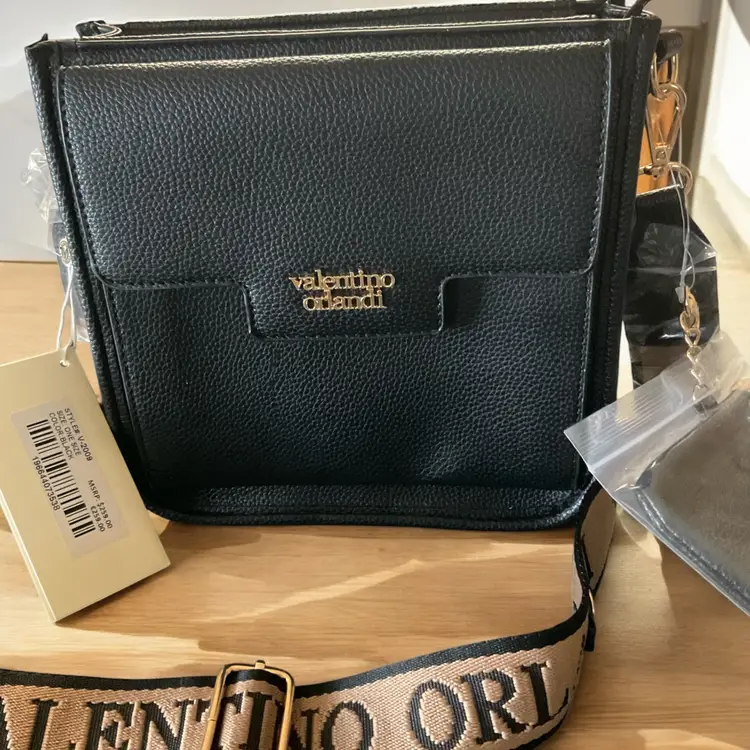 NWT Valentino Orlandi Black Faux Leather Texured Crossbody Purse with Wallet