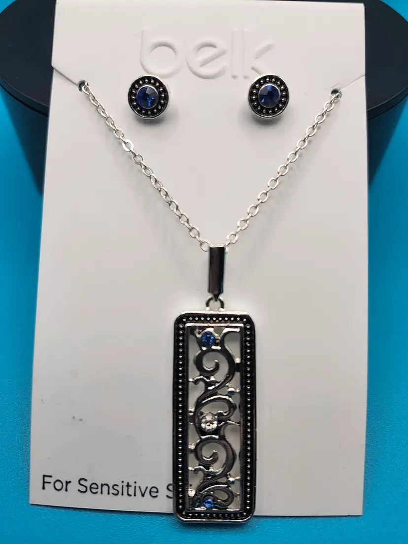 Belk 2 Piece Silver Tone Rectangle Necklace and Earrings Set Blue