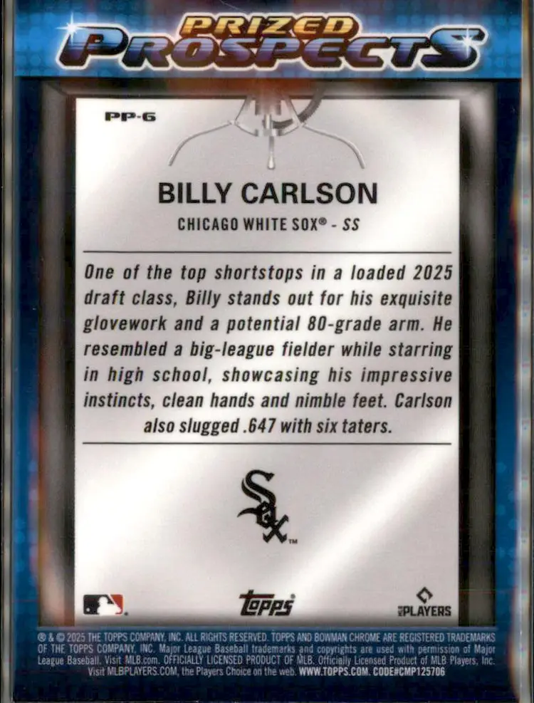 2025 Bowman Draft #PP-6 Billy Carlson Prized Prospects - (138) - Chicago White Sox