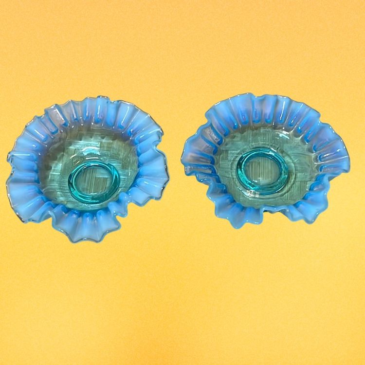04. Fenton Blue Opalescent Crimped And Ruffled Art Glass 5.25" Bowls