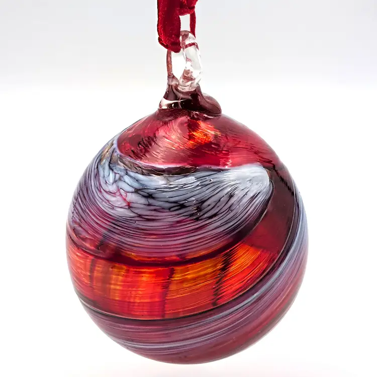 Hand Blown Red and White Swirl Art Glass Orb Friendship Ball Chirstmas Ornament