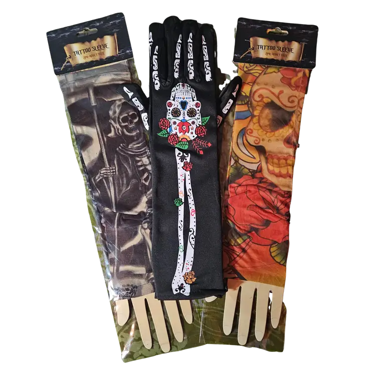Lot of 8 NEW SEALED Temporary Tattoos - 4 Sleeves, 1 Glove, 3 Face Blood Stitches Halloween