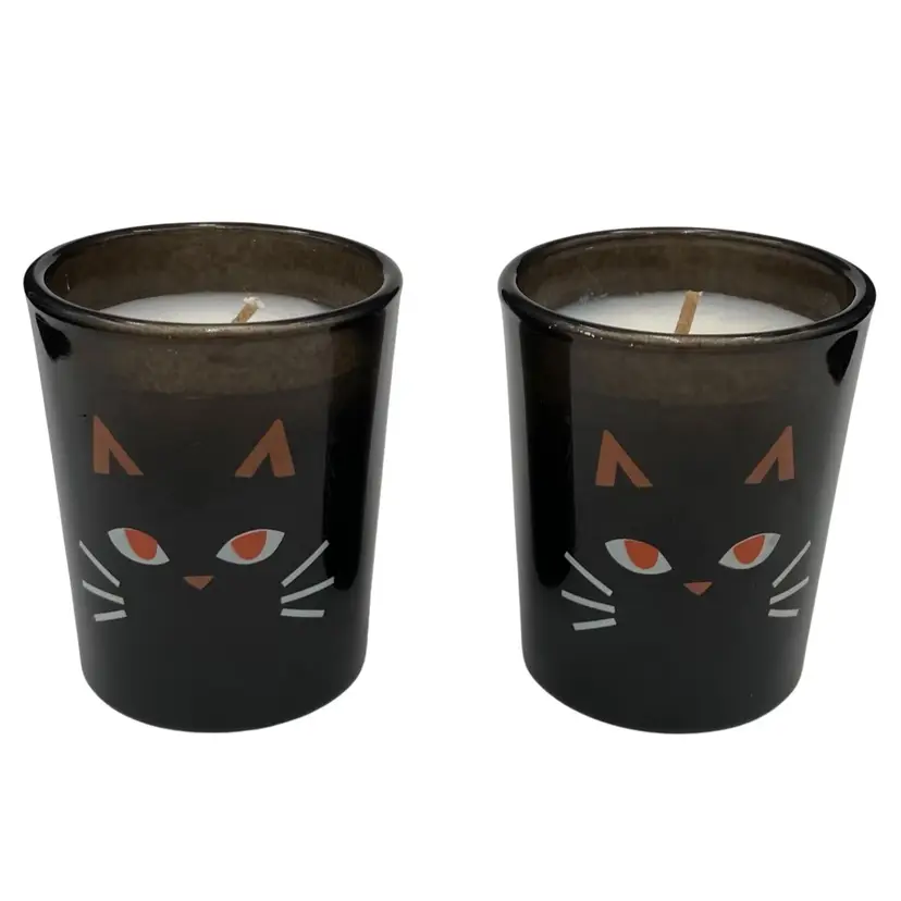 Pair of New Black Cat Votive Candles, Black Glass with Painted Cat Design