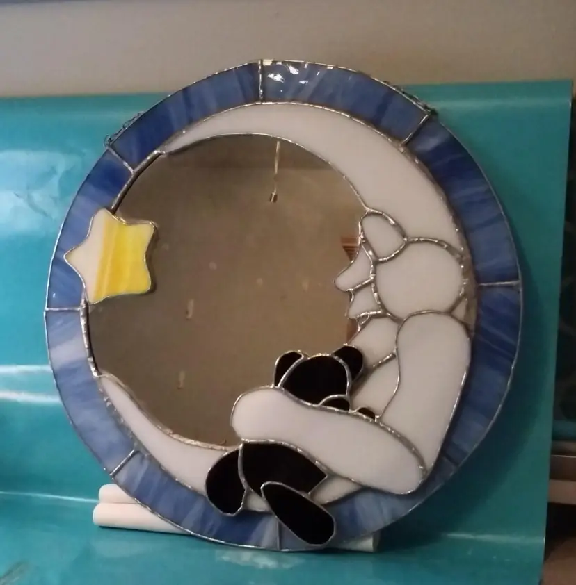 Stained Glass Man In The Moon With Teddy Bear Mirror
