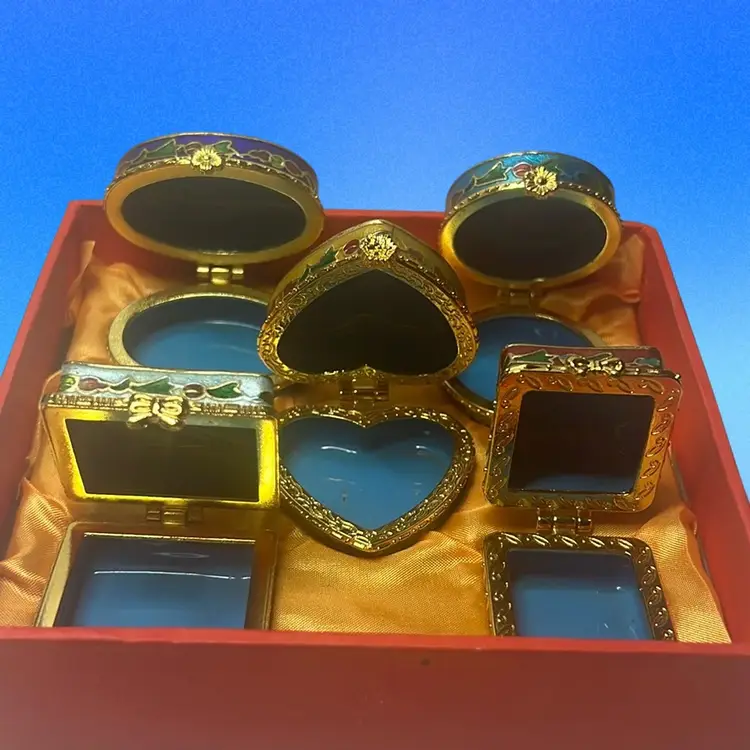 Buyers Choice - $10.00 Each - 5 Cloisonné Hinged Pill Boxes, Hand Made Enamel Over Copper With Brass Bezel.