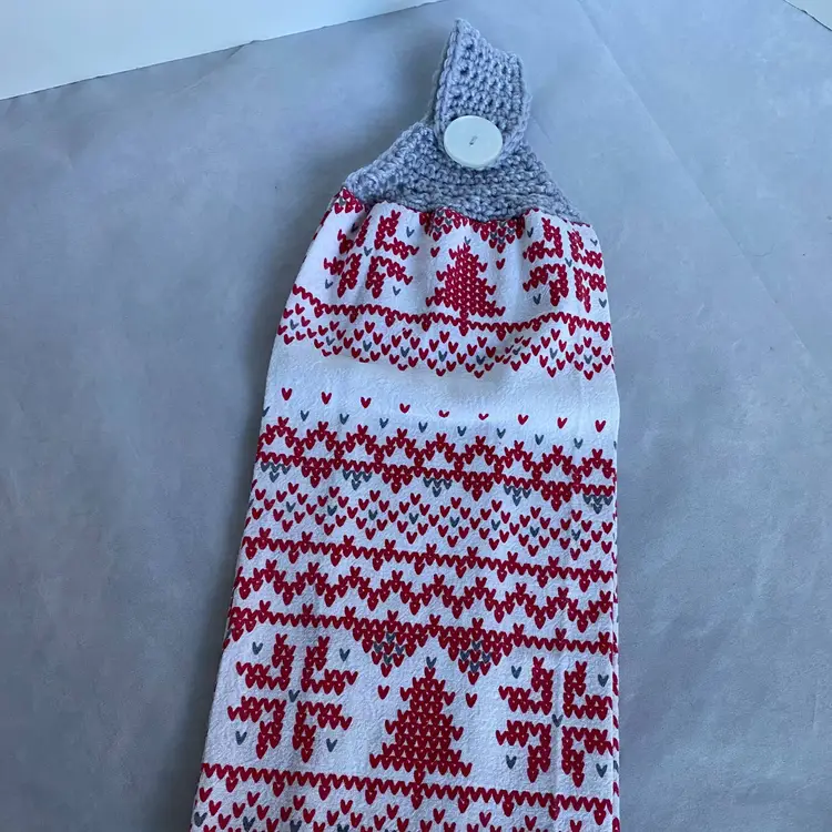 Crochet Top Hanging Red Christmas Trees Snowflakes Flour Sack Kitchen Towel