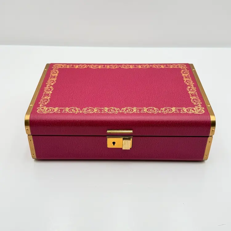 Farrington Faux Red Deep Pink Leather Jewelry Box With Gold Trim And Key