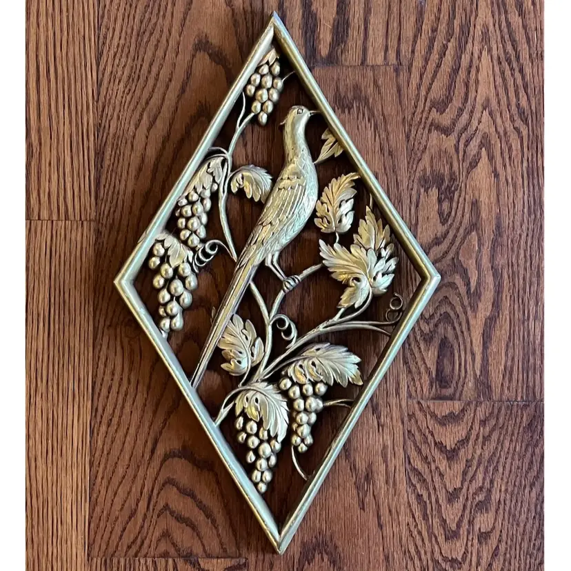 Vintage Burwood Diamond Wall Decor Bird And Grapevines Syroco Brushed Gold 17x10