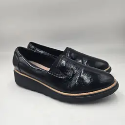 Clarks Sharon Dolly Black Patent Textured Leather Slip On Sz 9 W Preppy Academia