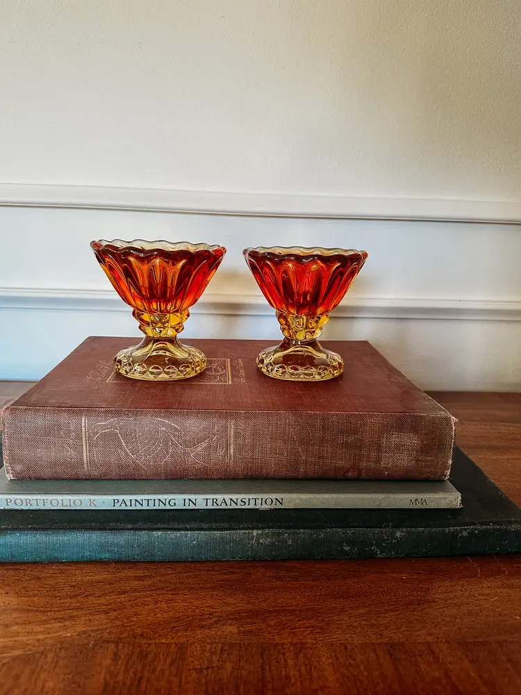 Orange and Yellow Amberina Glass Taper Holders