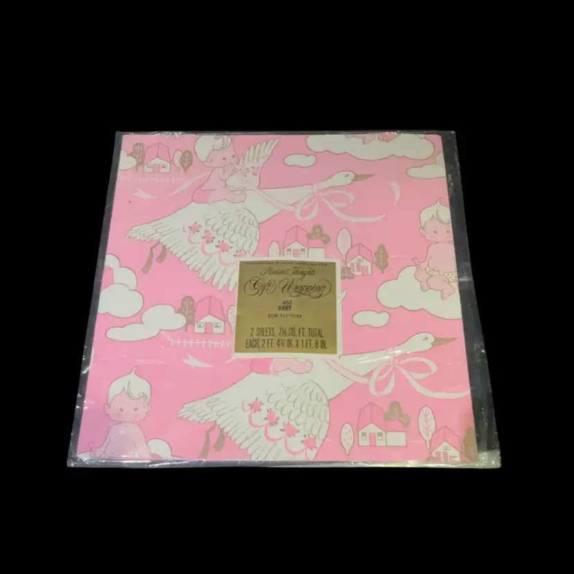 Vintage Pleasant Thoughts Gift Wrap Pink Baby Riding Stork 2 Sheets 7.75 SQ FT, NOS Sealed