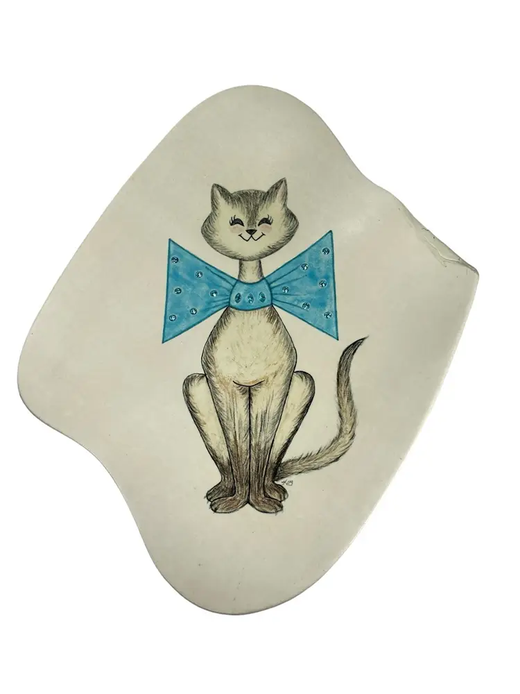 Cat With Blue Bow Ceramic Platter Wall Hanging Signed Kay 1959