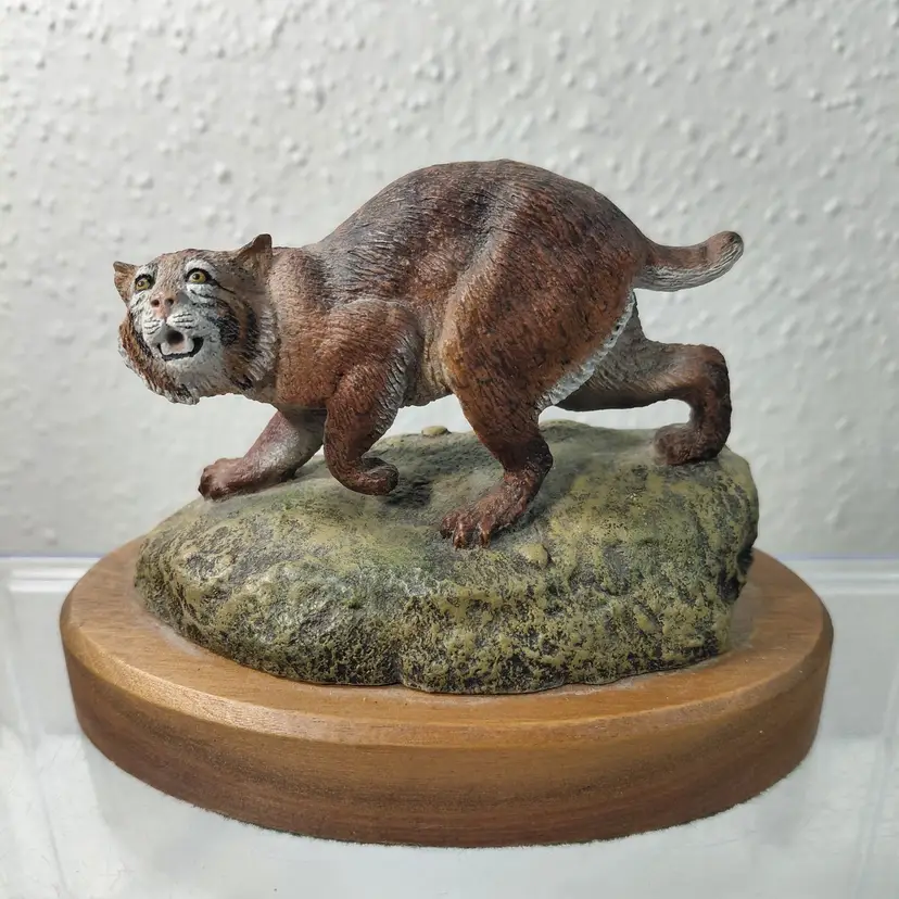 Wild Cat Bobcat Figurine on Wood Base Signed Norman N Deaton 1979