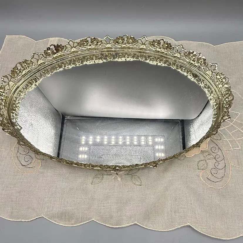 MCM Ornate Gold Tone Metal Filigree Oval Dresser Tray