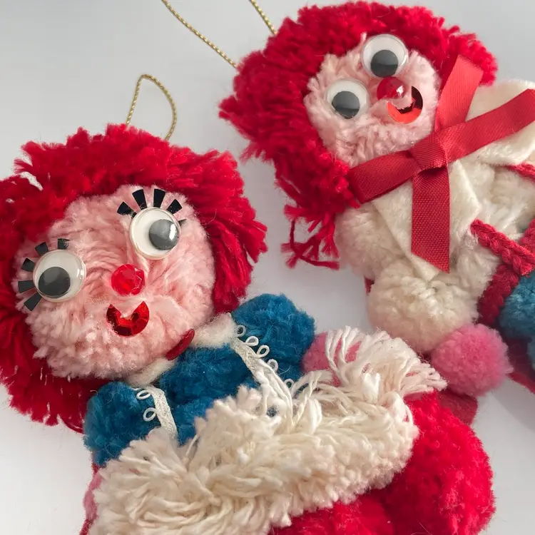 Raggedy Ann & Andy Yarn Pom Pom Felt Christmas Ornaments 1970s Vintage 4.75"