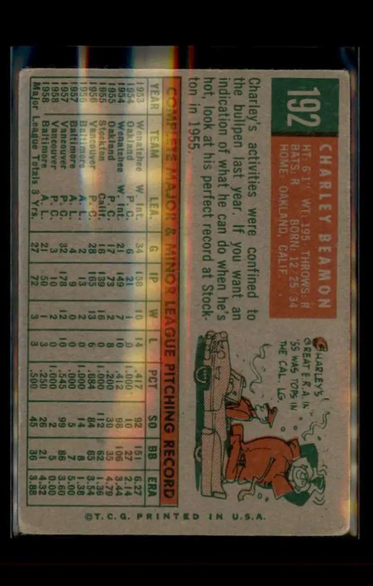 1959 Topps #192 Charley Beamon - (pk4) - Baltimore Orioles