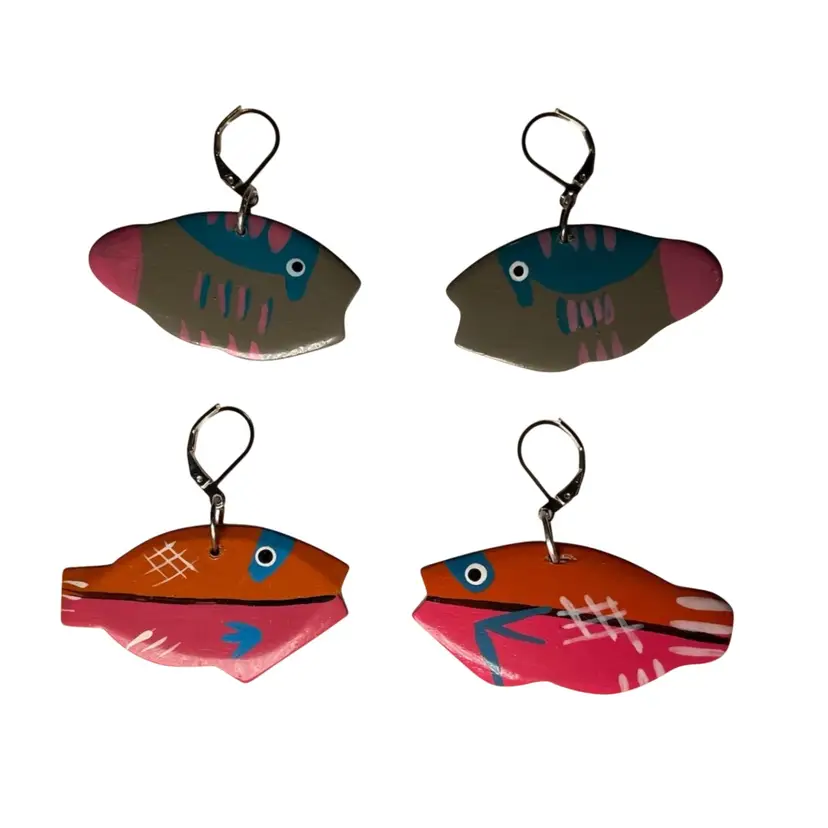 Handmade Jewelry Lot of 2 Funky Colorful Hand Painted Fish Earrings - Pink/Orange & Taupe