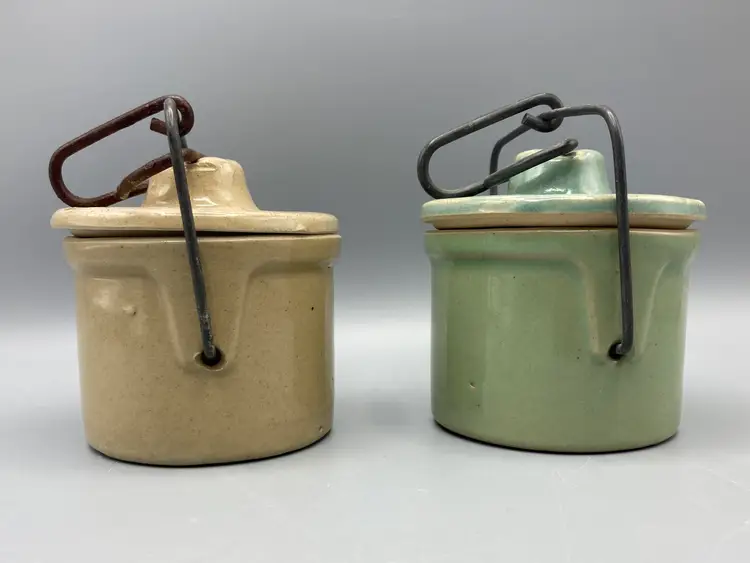 Vintage Cheese Crocks with Clamping Lids - Set of 2 - Light Green and Tan