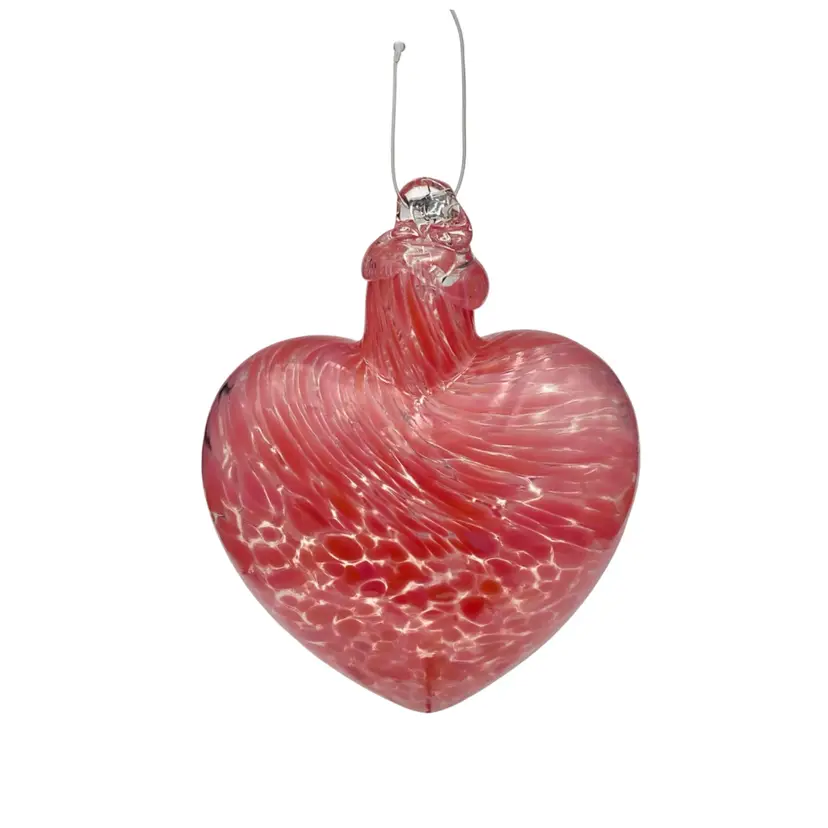 Hand-Blown Puffy Glass Heart/Sun Catcher, Pink Frit, 3” x 3.7", Ornament