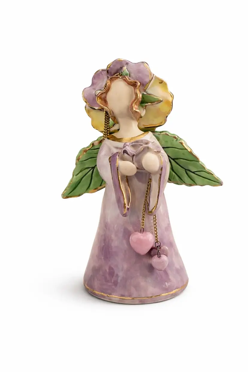 Vintage Blue Sky Pansy Fairy Angel Figurine with Heart Charms – 2004 Charming Collection – Cottagecore Garden Decor