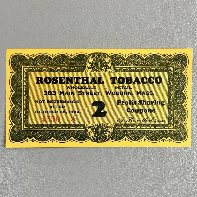 Rosenthal Tobacco Profit Sharing Coupon 1940s  Advertising 383 Main St Woburn MA Mass. Massachusetts