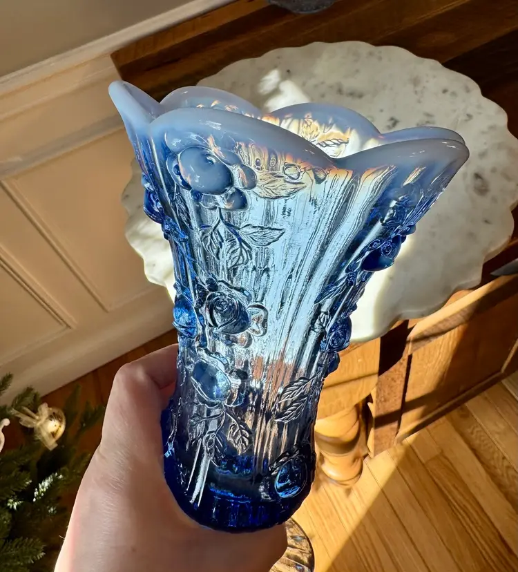 Fenton Blue “Cabbage Rose” Vase