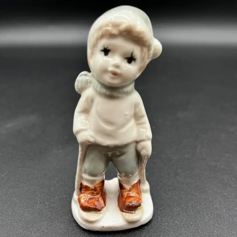 Mini Winter-Attired Little Porcelain Victorian Boy with Skis Figurine 3.5'  ⛷️